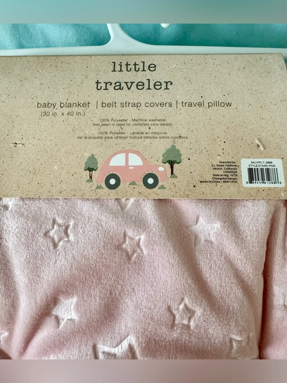 Little Traveler Light Pink Star Baby Blanket, Strap Covers & Travel Pillow Set